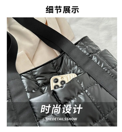 Sac à bandoulière matelassé pour femmes – Grand sac fourre-tout en nylon pour l'hiver 2025, motif en coton chaud, sac à main de voyage décontracté et tendance