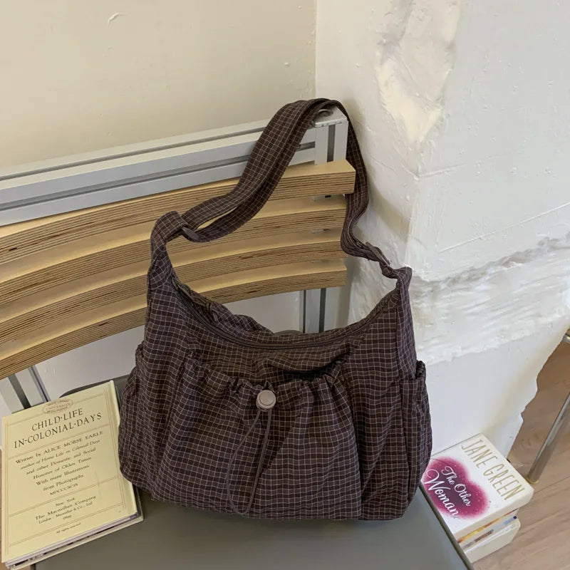 Bolso de hombro de nailon estilo coreano – Bolso tote sencillo a cuadros con cremallera y diseño de nube plisada con cordón ajustable, bandolera de moda para mujer, bolso de mano casual para el día a día