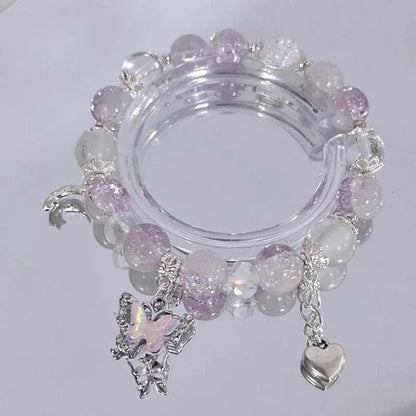 Brazalete coreano de mariposa con flor de cristal rosa – Pulsera dulce de cadena con cuentas y dije colgante para mujer, regalo de joyería de moda