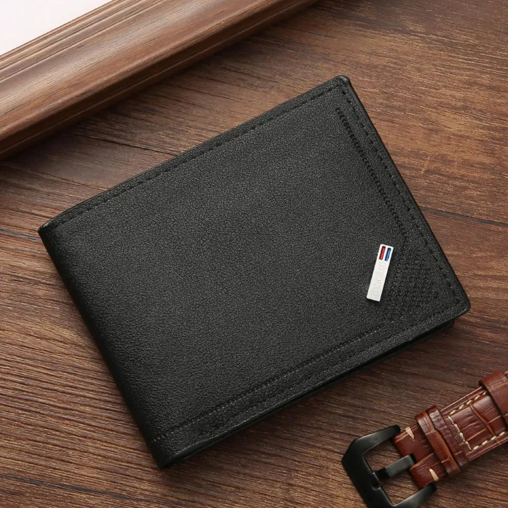 Men's Lychee Texture Leather Wallet Short Card Holder with Coin Pocket & Cash Compartment