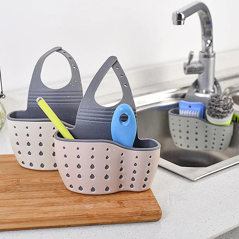 Adjustable Kitchen Sink Drain Basket Sponge & Soap Holder Hanging Sink Organizer