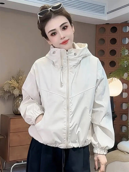 Women's Hooded Short Jacket – Double-Zipper Loose Streetwear Coat for Spring & Autumn Casual Everyday Wear
