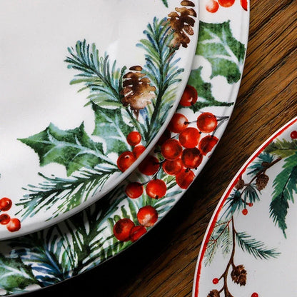 Christmas Ceramic Dinner Plate Set – Round Underglaze Flat Plates for Dim Sum, Sushi, Dining & Decorative Tableware
