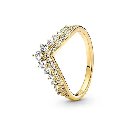 Anillo de moda ajustable con corona de corazón de plata de ley 925 chapado en oro con purpurina para mujer