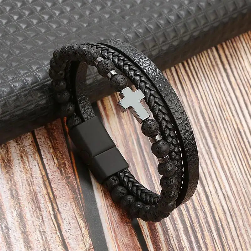 Pulsera de cuero clásica para hombre – Pulsera multicapa tejida a mano para hombre | Accesorio de joyería de moda casual, regalo