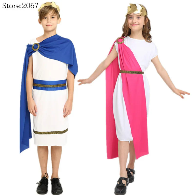 Kids Grecian Toga Cosplay Costume Set – Roman Greek Goddess Outfit for Boys & Girls, Halloween, Purim, Mardi Gras & Party Fancy Dress