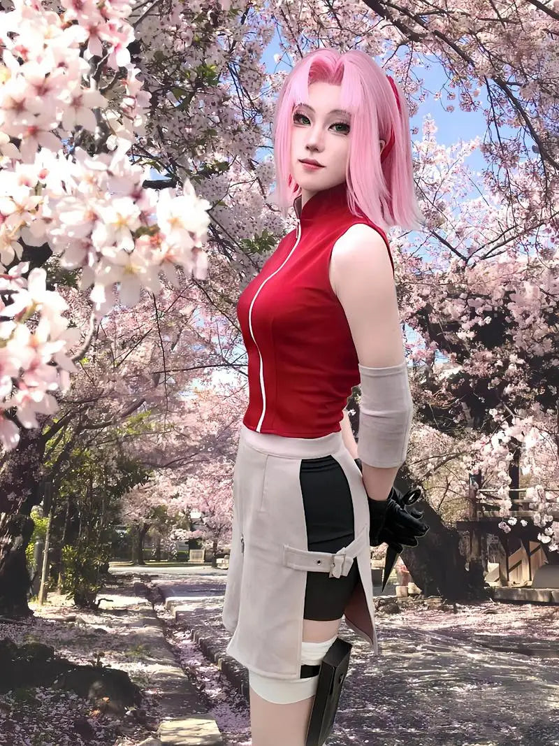 Anime Sakura Cosplay Costume – Ninja Battle Suit (Red Top, Pink Skirt, Bag Full Set for Halloween/Stage Party)