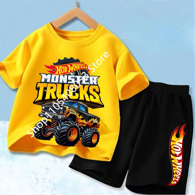 Conjunto de camiseta y pantalón corto de coche de carreras para niños, mezcla de algodón, atuendo de verano para niños y niñas