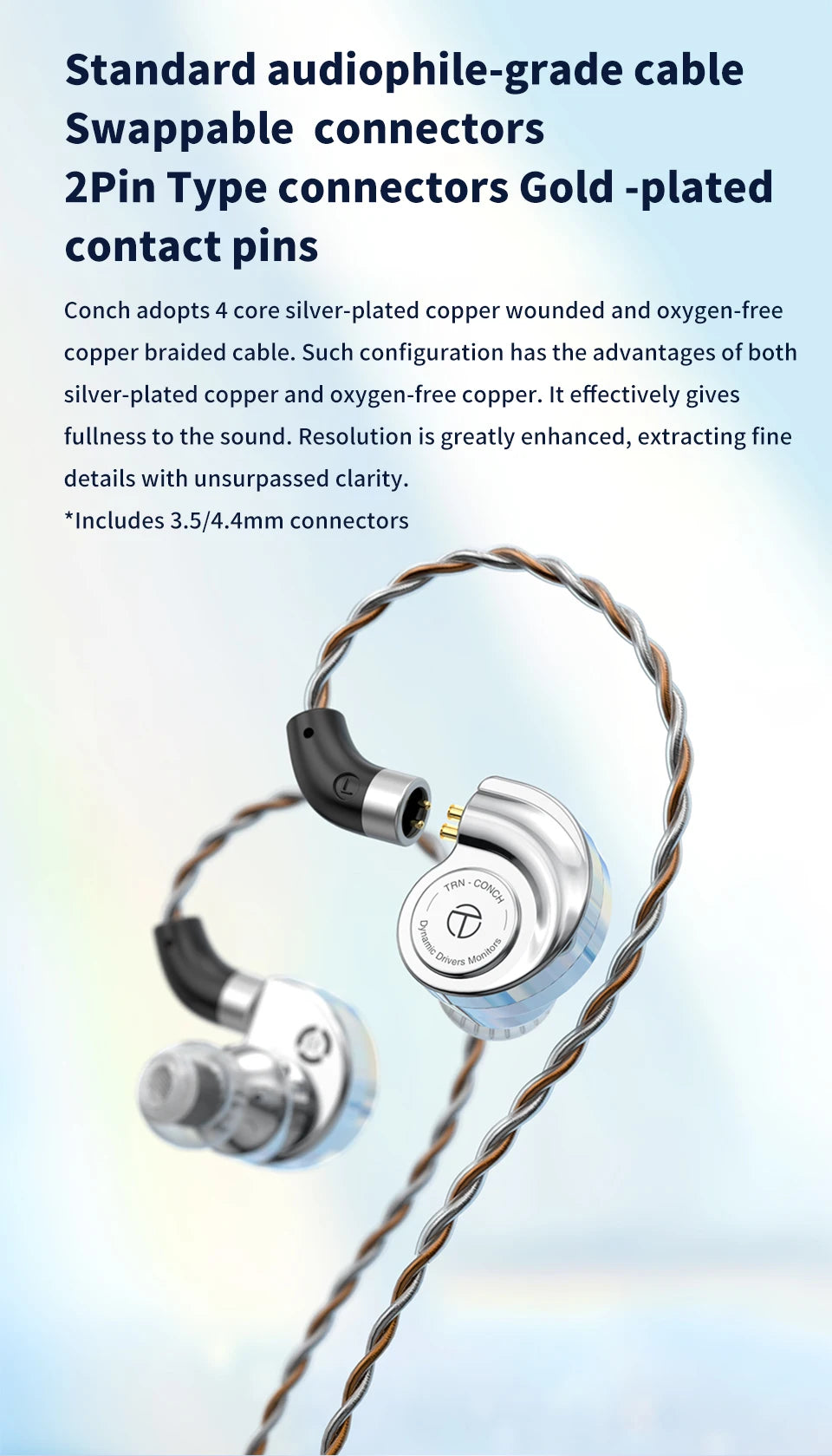 Écouteurs intra-auriculaires TRN Conch HiFi – IEM à transducteur dynamique DLC Diamond avec embouts de réglage interchangeables pour le jeu, la musique et les appareils Xiaomi