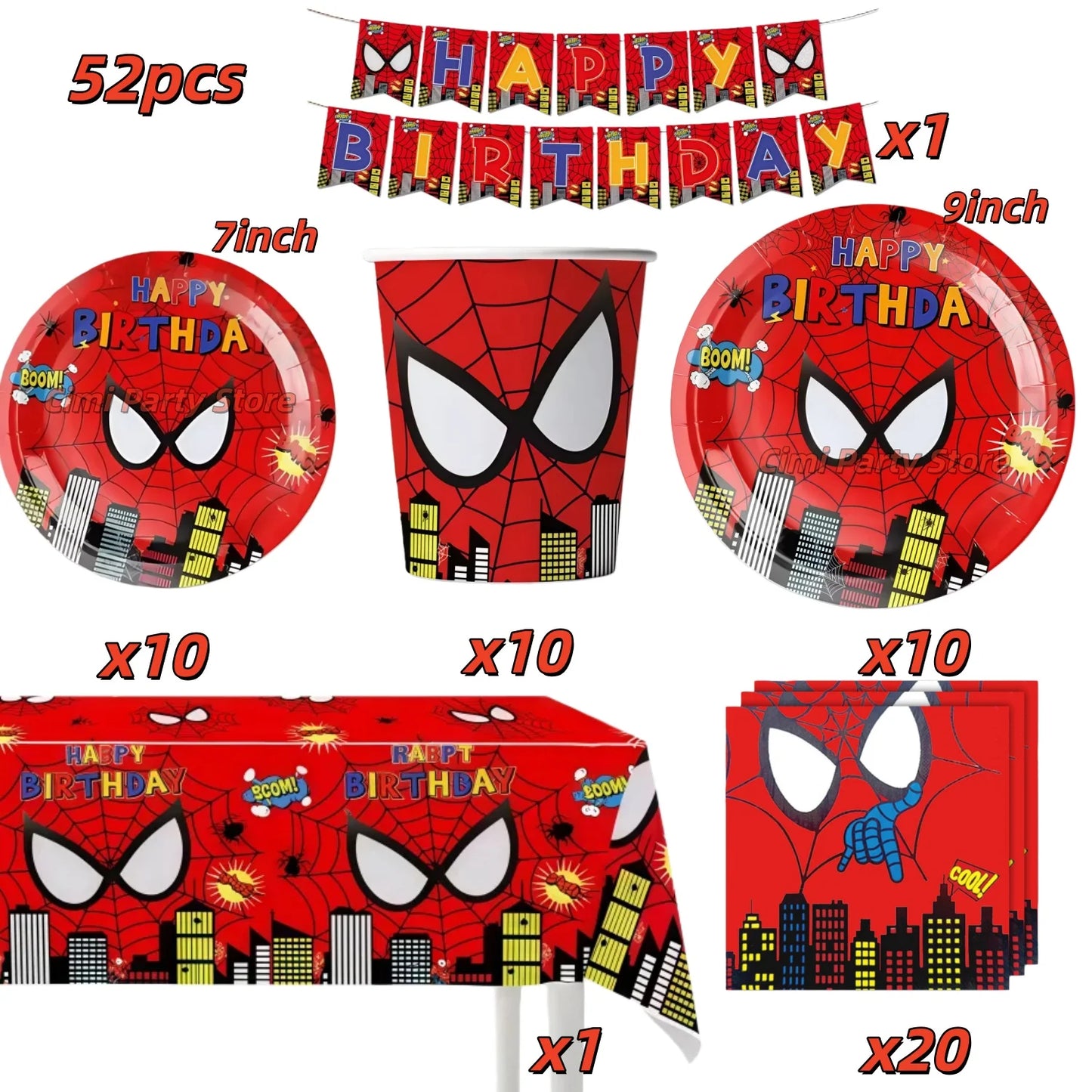 Spider Hero Birthday Party Supplies Set – Kids' Party Tableware Kit with Plates, Cups, Tablecloth, Backdrop, Balloons & Decorations