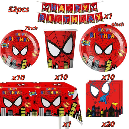 Spider Hero Birthday Party Supplies Set – Kids' Party Tableware Kit with Plates, Cups, Tablecloth, Backdrop, Balloons & Decorations
