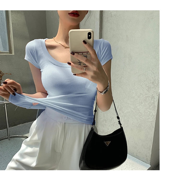 2026 Summer Women’s 100% Cotton Slim T-Shirt Casual Basic O-Neck Solid Korean Style Tee 16 Colors