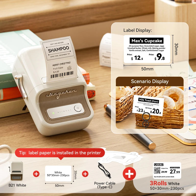 NiiMbot B21 Mini Thermal Label Printer – Wireless Bluetooth Barcode Label Maker with Portable Adhesive Printing for Office & Business