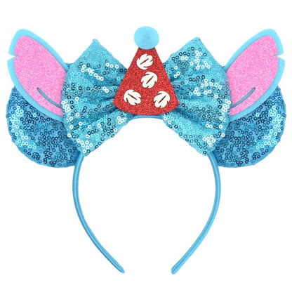 Diadema de orejas de Mickey Mouse de Lilo & Stitch – Lazo de lentejuelas de 5" Accesorio para el cabello de dibujos animados para mujeres y niñas | Diadema para fiestas y festivales