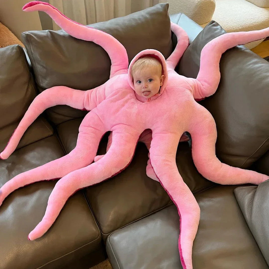 2026 Cute Giant Dinosaur Octopus Baby Costume – Funny Pink Kigurumi Hooded Romper & Plush Jumpsuit for Halloween, Christmas & Role Play