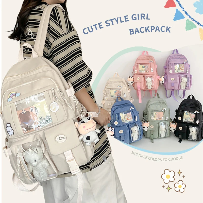 Cute Nylon Backpack for Girls & Women – Multi-Pocket Student School Bag, Lightweight Casual Backpack for Students, Travel & Daily Use