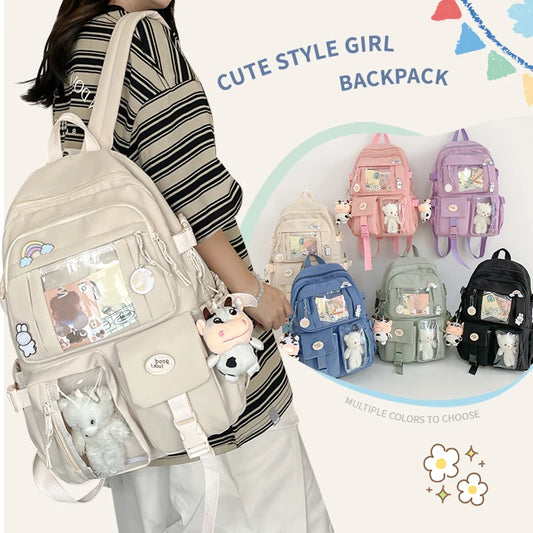 Cute Nylon Backpack for Girls & Women – Multi-Pocket Student School Bag, Lightweight Casual Backpack for Students, Travel & Daily Use