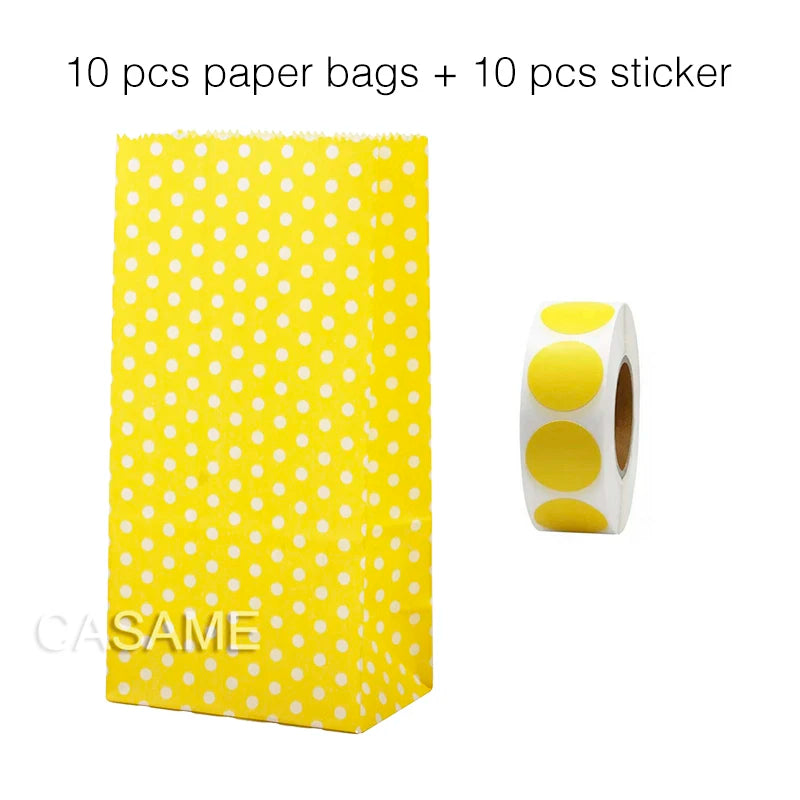 10PCS Stand-Up Colorful Gift Bags with Stickers – Solid, Striped & Polka Dot Treat Bags for Wedding, Birthday & Party Favors (18×9×6cm)