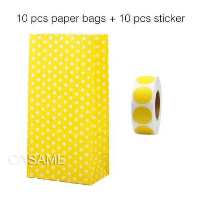 10PCS Stand-Up Colorful Gift Bags with Stickers – Solid, Striped & Polka Dot Treat Bags for Wedding, Birthday & Party Favors (18×9×6cm)
