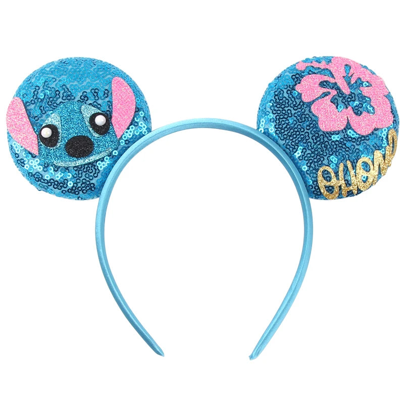 Diadema de orejas de Mickey Mouse de Lilo & Stitch – Lazo de lentejuelas de 5" Accesorio para el cabello de dibujos animados para mujeres y niñas | Diadema para fiestas y festivales