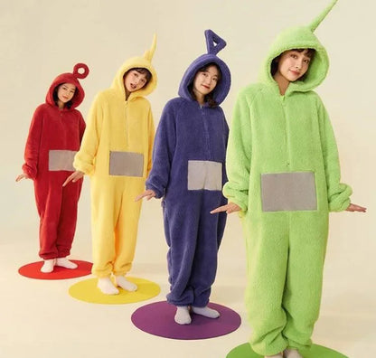 Teletubbies Inspired Adult Cosplay Pajamas – Tinky Winky / Laa-Laa / Po Soft Long Sleeve Onesie Costume (4 Colors)