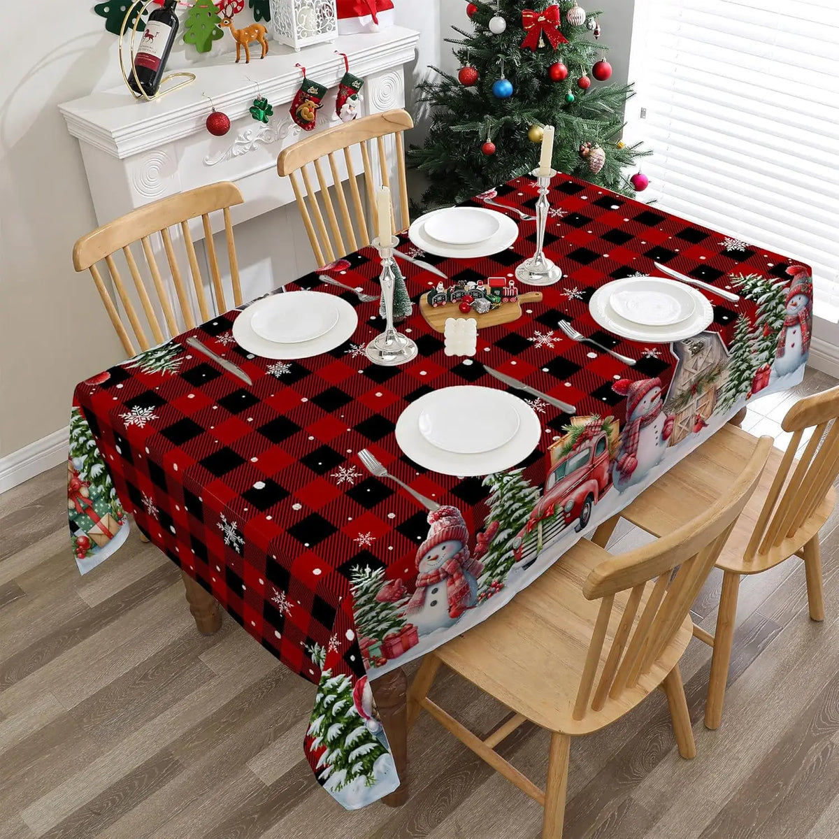 Christmas Snowman Truck Tablecloth – Xmas Tree & Winter Snowflake Dining Table Cover for Kitchen, Home & Holiday Decor