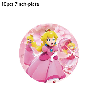 Princess Peach Party Supplies Set – Cartoon Anime-Themed Tableware, Balloons & Decorations for Children's Birthdays & Baby Showers