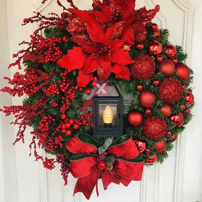 35CM Golden Christmas Wreath with Lights – Red Ball & Flower Garland Xmas Ornament for Front Door, Window & Wall Decor