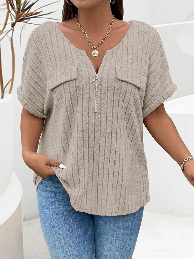 GIBSIE Plus Size Women's Ribbed T-Shirt – O-Neck Short Sleeve O-Ring Zip Front Casual Summer Top