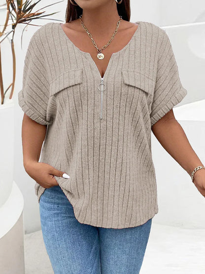 GIBSIE Plus Size Women's Ribbed T-Shirt – O-Neck Short Sleeve O-Ring Zip Front Casual Summer Top