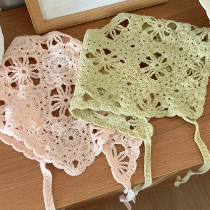Fashion Knitted Headscarf for Women – French Pastoral Crochet Triangle Headband with Retro Floral Design | Handmade Hair Accessory