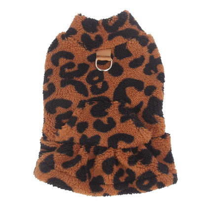Leopard Print Dog Dress – Warm Fleece Hooded Pullover Coat & Sleeveless Vest for Small Dogs, Cozy Winter Puppy Clothing for Chihuahuas