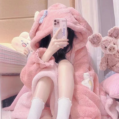 Sanrio Hello Kitty Girls' Velvet Pajama Set – Cute Cartoon Long Bathrobe & Nightgown, Soft Cozy Home Sleepwear for Kids