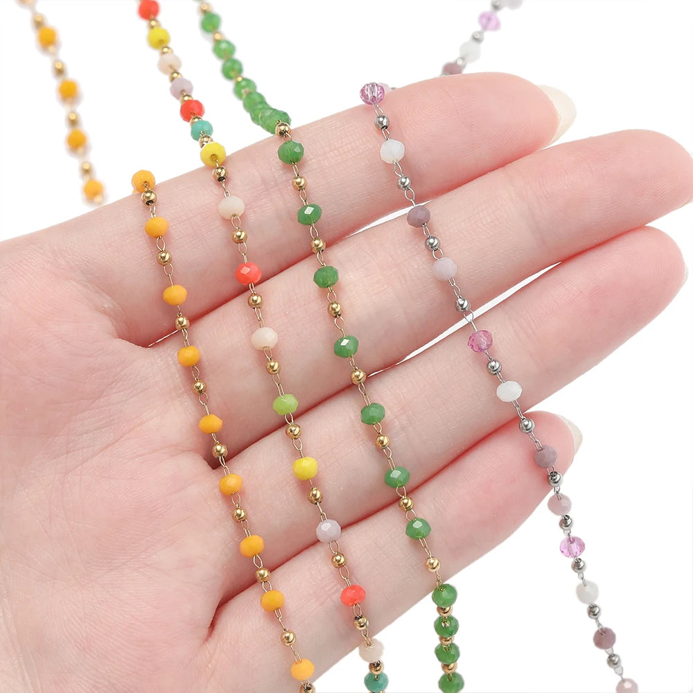 Cadena de Cuentas de Cristal de Acero Inoxidable de 1 m para Fabricación de Joyas – Cadena con Clip Multicolor para Collares, Pulseras y Manualidades DIY