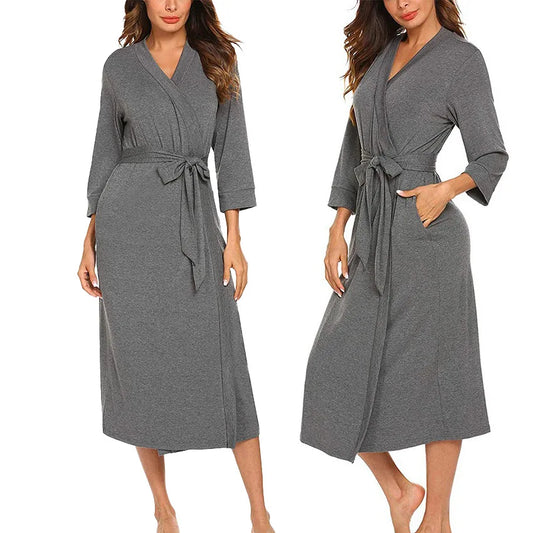 Bata de algodón para mujer – Talla grande Manga larga Ropa de dormir casual Bata para estar en casa primavera y otoño