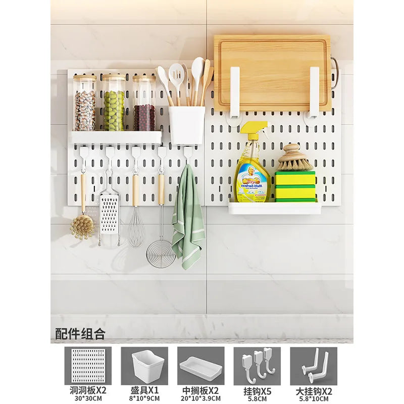 Organizador de pared de tablero perforado sin taladros – Panel de almacenamiento modular con estantes y accesorios para cocina, baño y sala de juegos