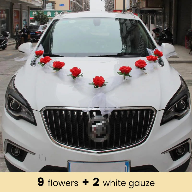 Décoration de voiture de mariage artificielle rose blanche – Ruban de fleurs en soie pour véhicules de mariée et poignées de porte