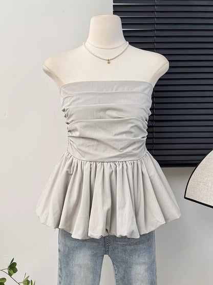 Women's Strapless Tube Top – Solid Color Pleated Sleeveless Camisole for Summer Casual Fashion