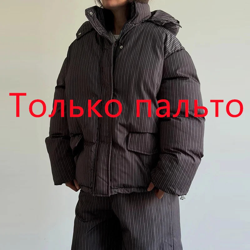 Women’s Winter Printed Coat & Pants 2-Piece Set – Warm Stand Neck Hooded Cotton Jacket with High-Waisted Pants, Chic Casual Outfit