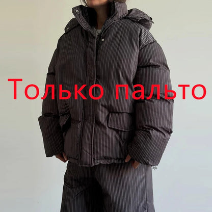 Women’s Winter Printed Coat & Pants 2-Piece Set – Warm Stand Neck Hooded Cotton Jacket with High-Waisted Pants, Chic Casual Outfit