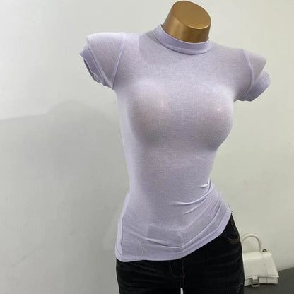 Half High Collar Korean T-Shirt – Transparent Short Sleeve Slim Fit Elastic Inner Top, Solid Color Bottoming Shirt for Women, Stylish Layering & Fashion Casual Wear