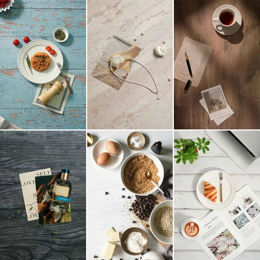 Double-Sided Wood Grain & Marble Photography Backdrop Board 57 × 87 cm – Waterproof Photo Background for Product Photography