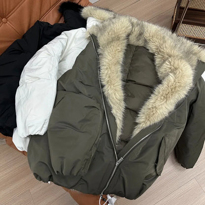 Women's Korean Style Winter Padded Jacket Black and White Cotton Coat Long Sleeve Zipper Cardigan Casual Warm Outerwear for Women