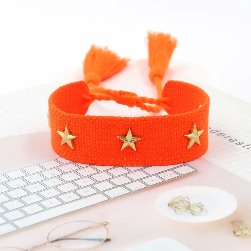 Bohemian Star Tassel Bracelet – Handmade Woven Alloy Gold Rivet Wrist Strap for Women | Ethnic Fashion Jewelry Gift