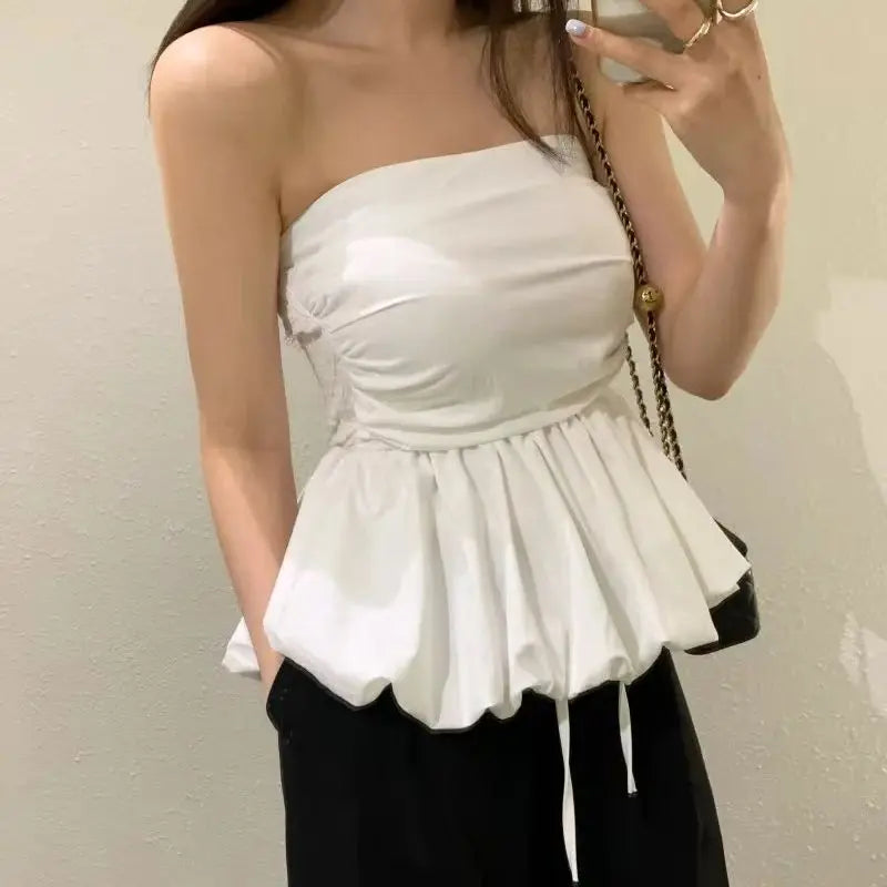 Women's Strapless Tube Top – Solid Color Pleated Sleeveless Camisole for Summer Casual Fashion