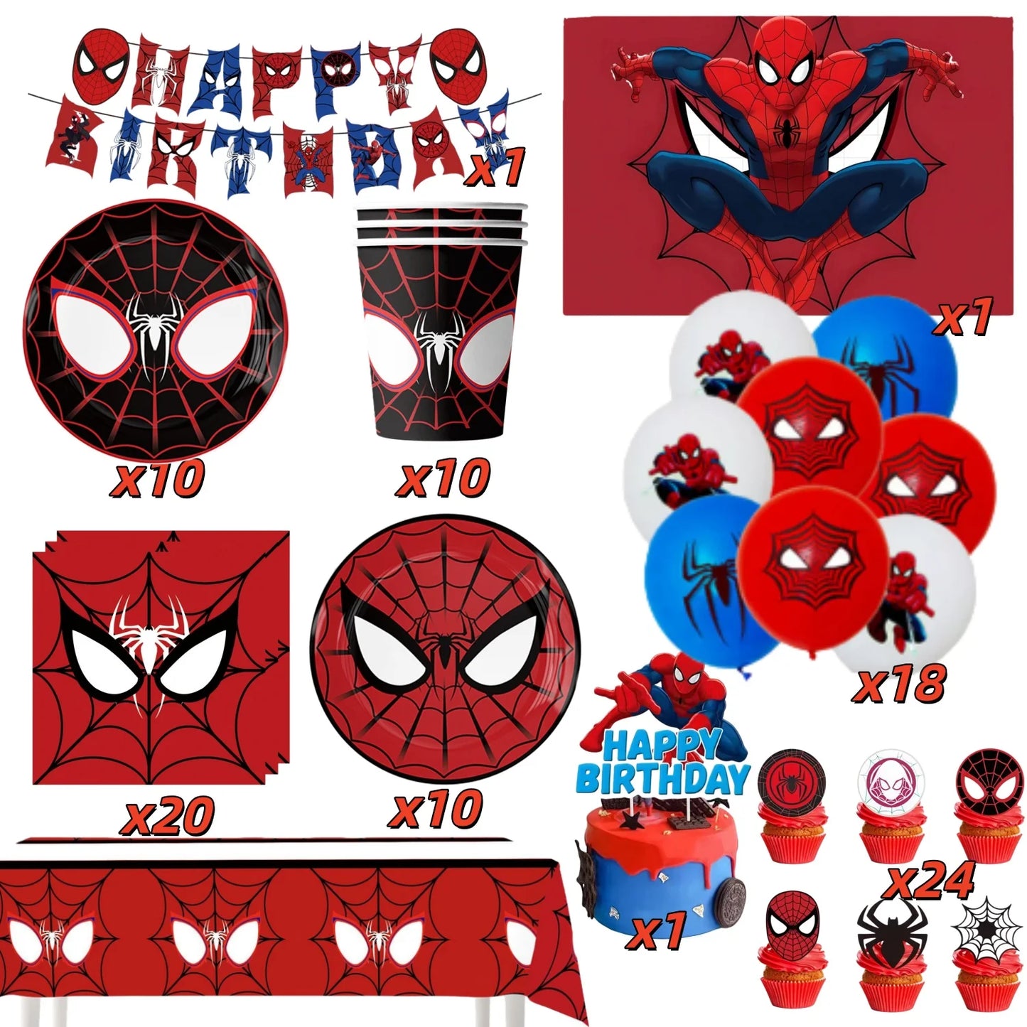 Spider Hero Birthday Party Supplies Set – Kids' Party Tableware Kit with Plates, Cups, Tablecloth, Backdrop, Balloons & Decorations