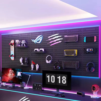 Organizador de pared de tablero perforado sin taladros – Panel de almacenamiento modular con estantes y accesorios para cocina, baño y sala de juegos