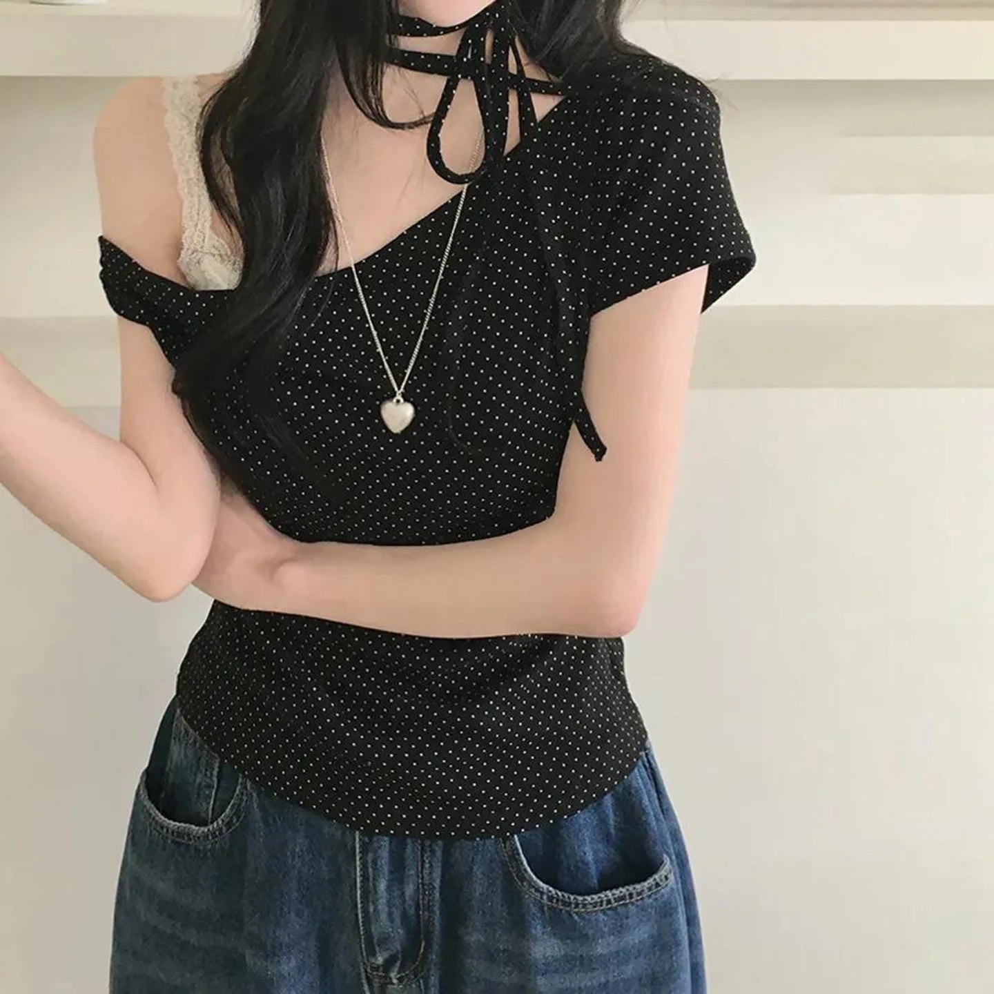 Women’s Sweet Polka Dot One Shoulder T-Shirt Korean Style Slim Fit Summer Casual Office Top