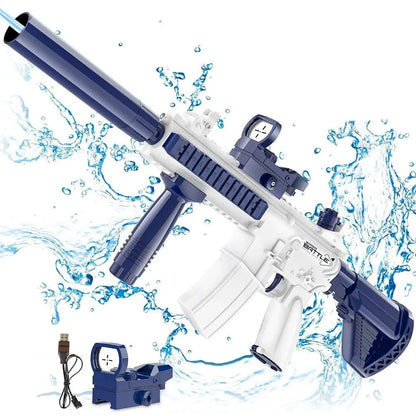 Pistola de agua eléctrica Unilabo M416 – Lanza agua automática a batería con accesorio de botella externa para diversión veraniega al aire libre para niños y adultos