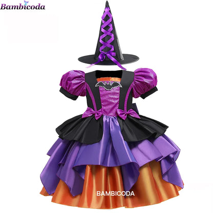 Girls Pumpkin Halloween Costume Dress – Fancy Bat Print Witch Princess Ball Gown for Cosplay, Festival & Party